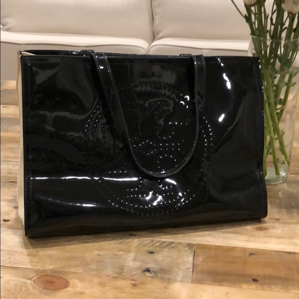 Tory Burch black patent and canvas tote bag